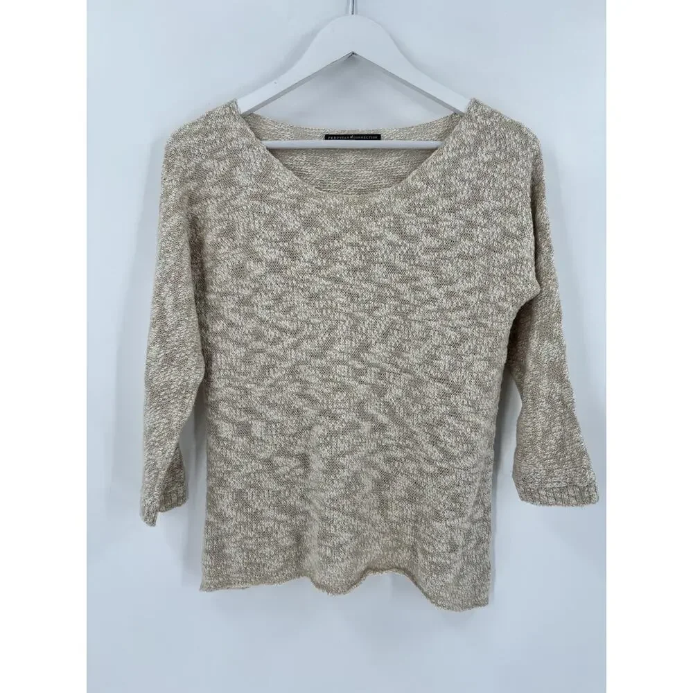 Peruvian Connection Sweater Womens Medium Beige Cotton Blend Pullover Sheer Knit